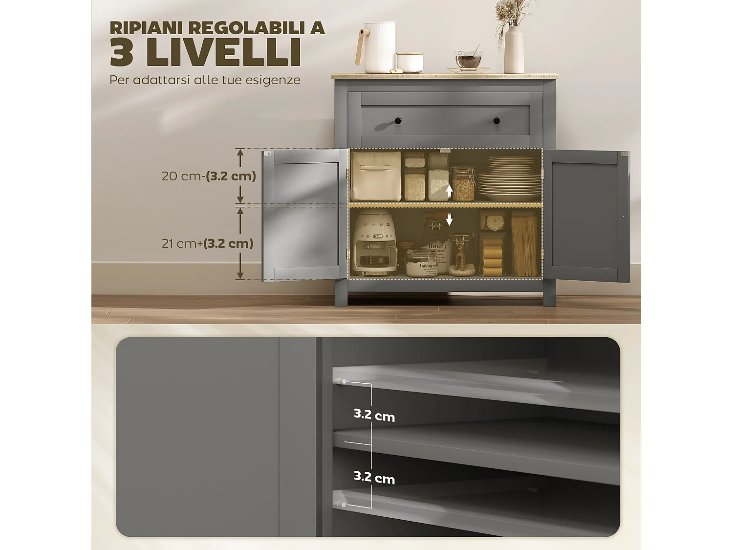 Credenza soggiorno con cassetto e armadietto con ripiano regolabile su 3 livelli