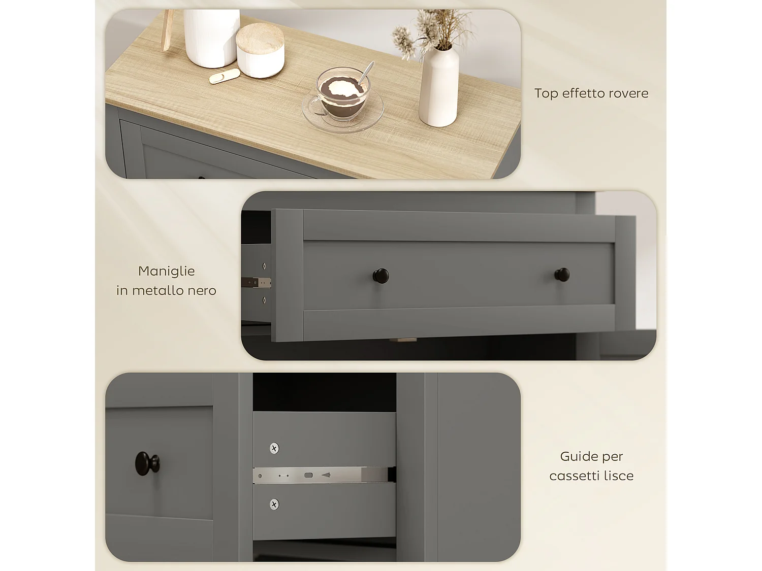 Credenza soggiorno con cassetto e armadietto con ripiano regolabile su 3 livelli