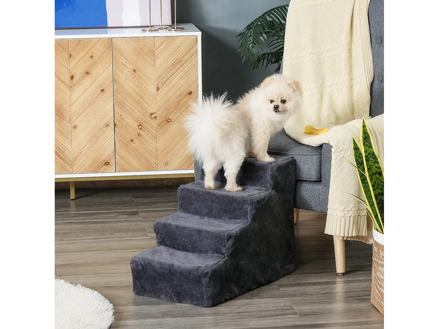 Scaletta per cani a 4 gradini in tessuto vellutato grigio scuro