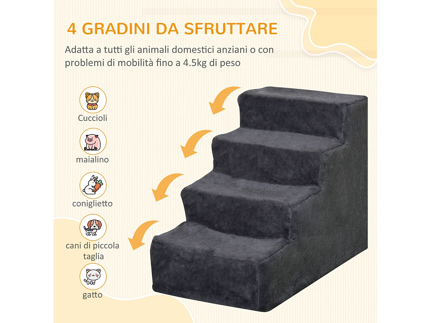Scaletta per cani a 4 gradini in tessuto vellutato grigio scuro