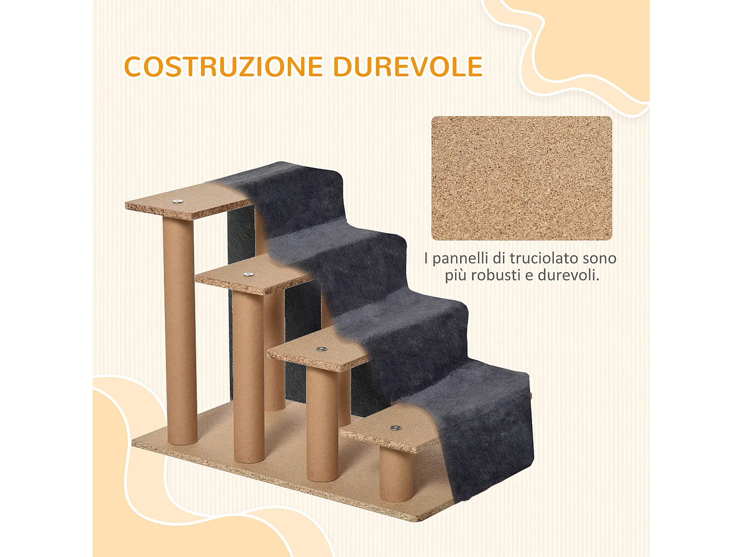 Scaletta per cani a 4 gradini in tessuto vellutato grigio scuro