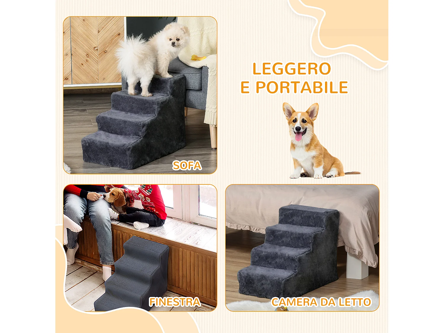 Scaletta per cani a 4 gradini in tessuto vellutato grigio scuro