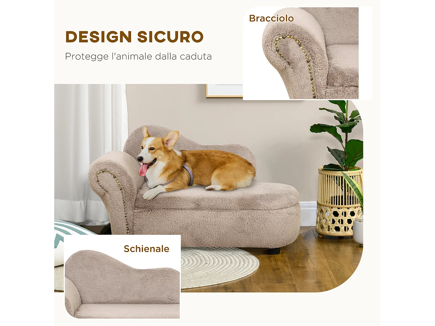 Divano per cani rialzato con spazio portaoggetti beige