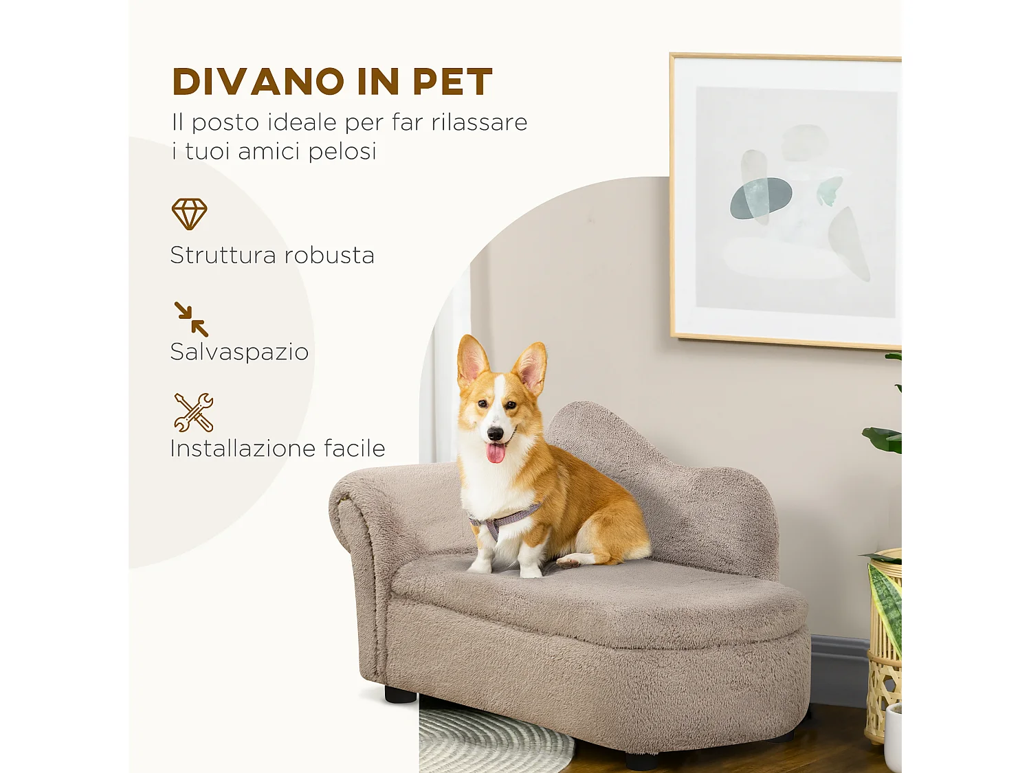 Divano per cani rialzato con spazio portaoggetti beige