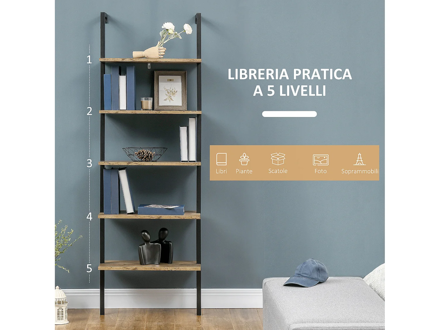 Libreria a muro 5 ripiani in legno e metallo stile industriale