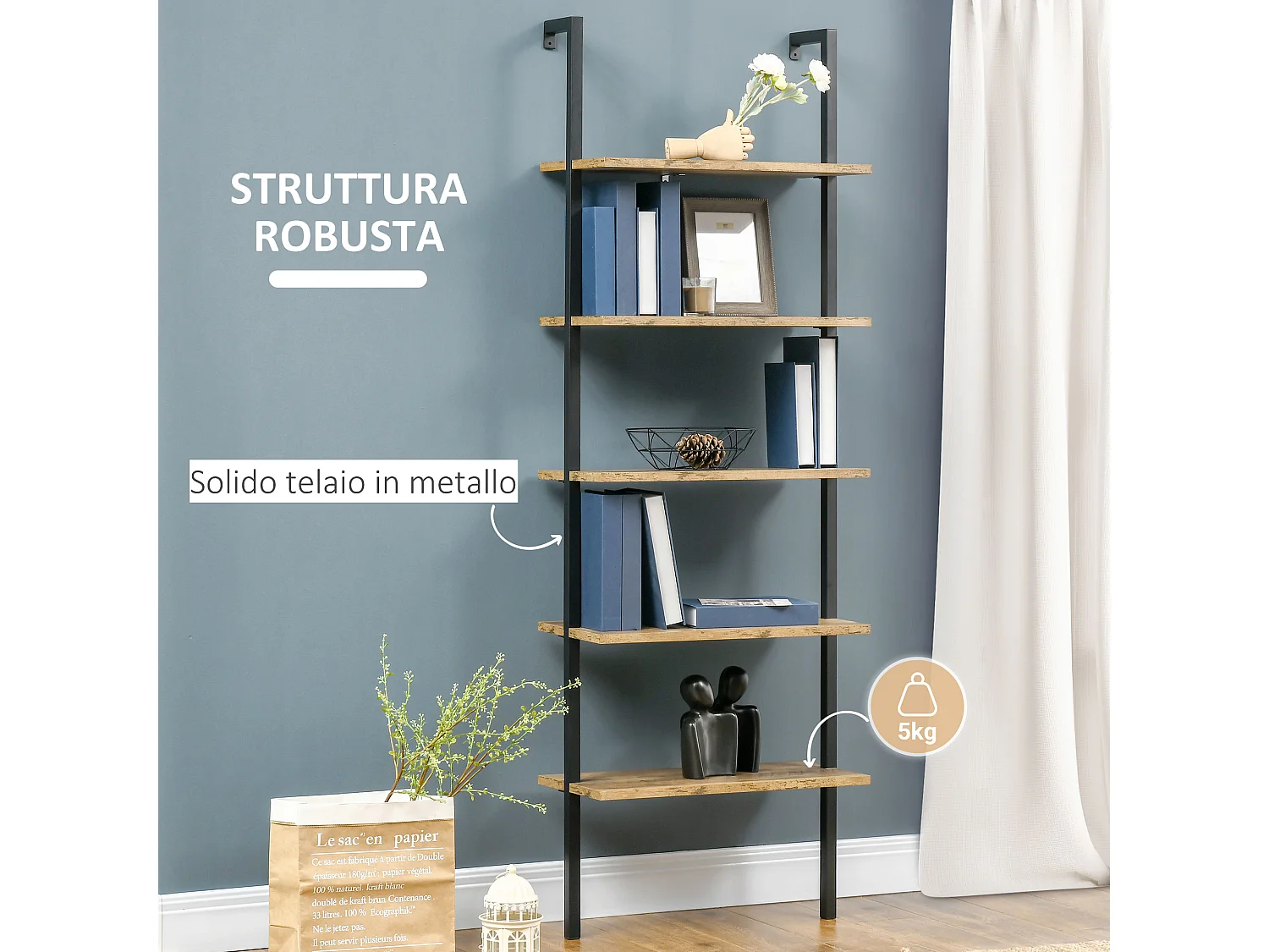 Libreria a muro 5 ripiani in legno e metallo stile industriale