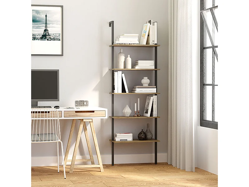 Libreria a muro 5 ripiani in legno e metallo stile industriale