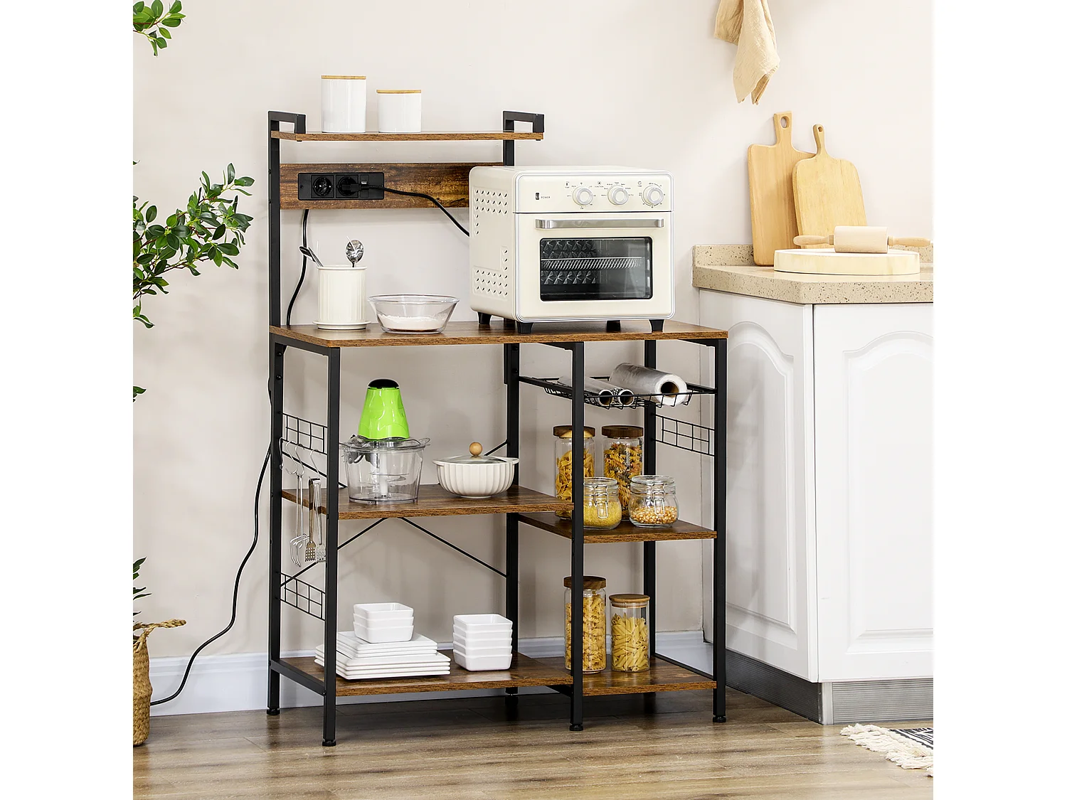 Scaffale cucina con multipresa ripiani e cestino in acciaio e legno