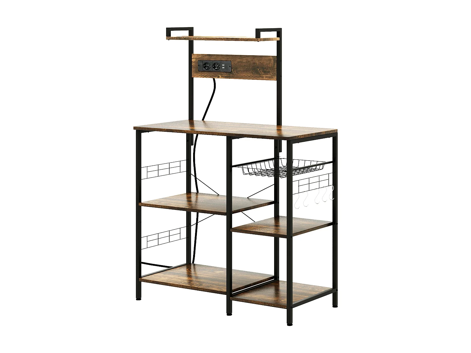 Scaffale cucina con multipresa ripiani e cestino in acciaio e legno