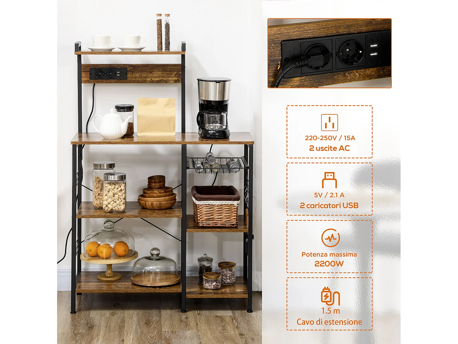 Scaffale cucina con multipresa ripiani e cestino in acciaio e legno