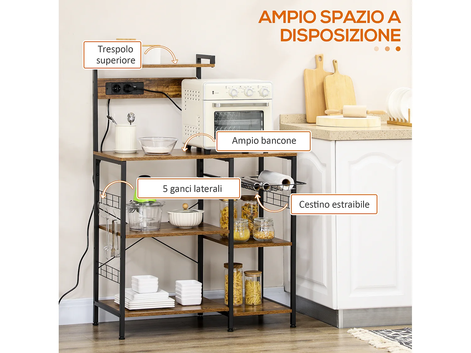 Scaffale cucina con multipresa ripiani e cestino in acciaio e legno