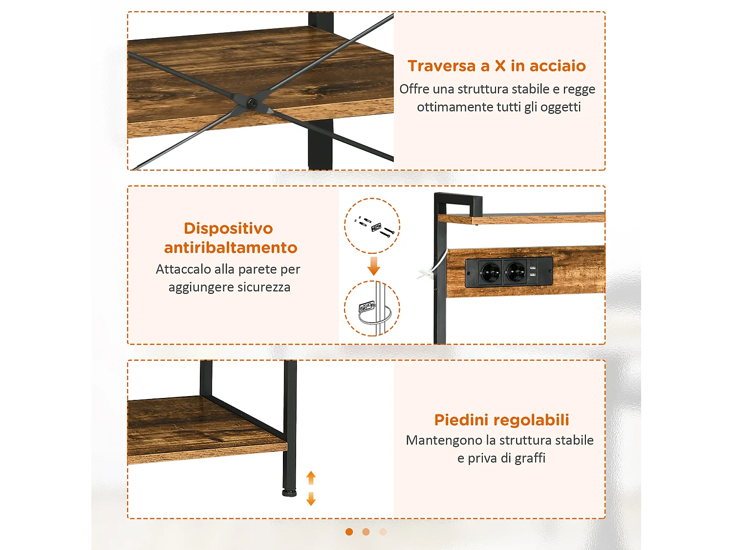 Scaffale cucina con multipresa ripiani e cestino in acciaio e legno