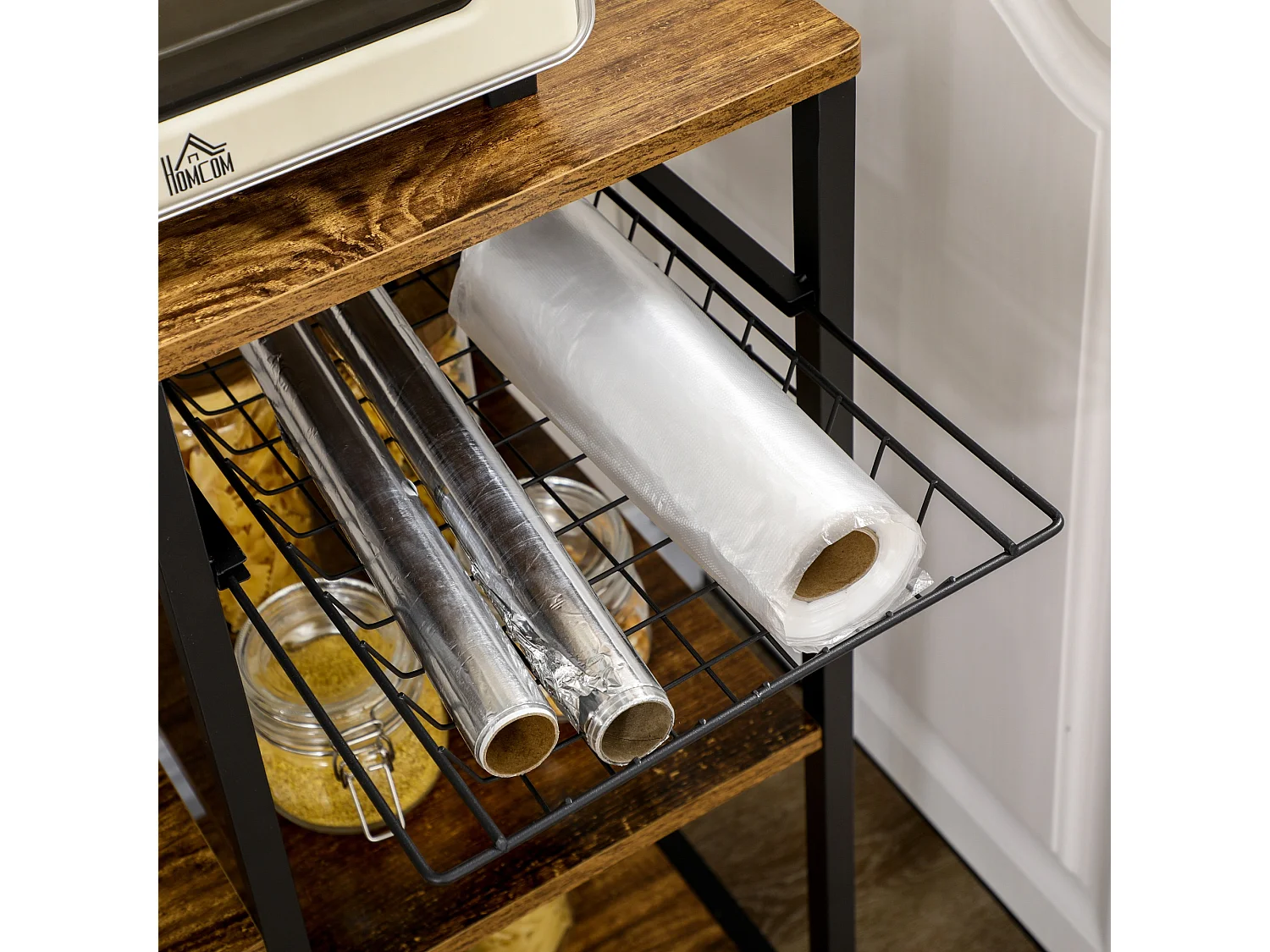 Scaffale cucina con multipresa ripiani e cestino in acciaio e legno