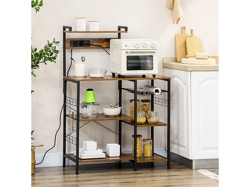 Scaffale cucina con multipresa ripiani e cestino in acciaio e legno