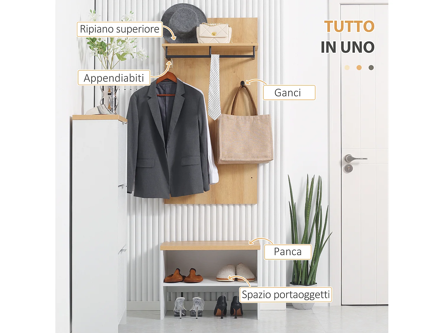 Mobile da ingresso con scarpiera bassa panca e appendiabiti da 4 ganci