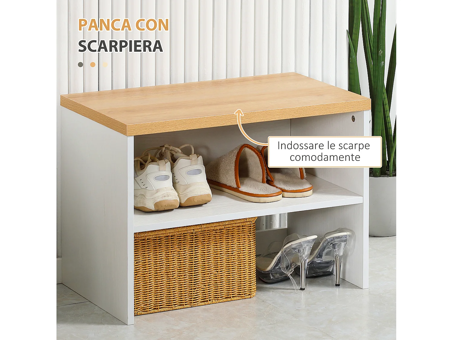 Mobile da ingresso con scarpiera bassa panca e appendiabiti da 4 ganci