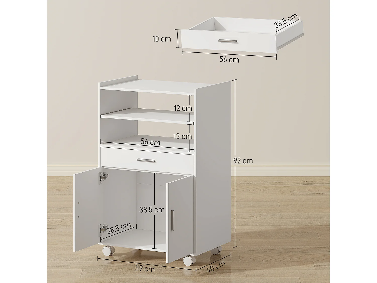 Mobile microonde con ruote credenza cucina con cassetto piano per elettrodomestici