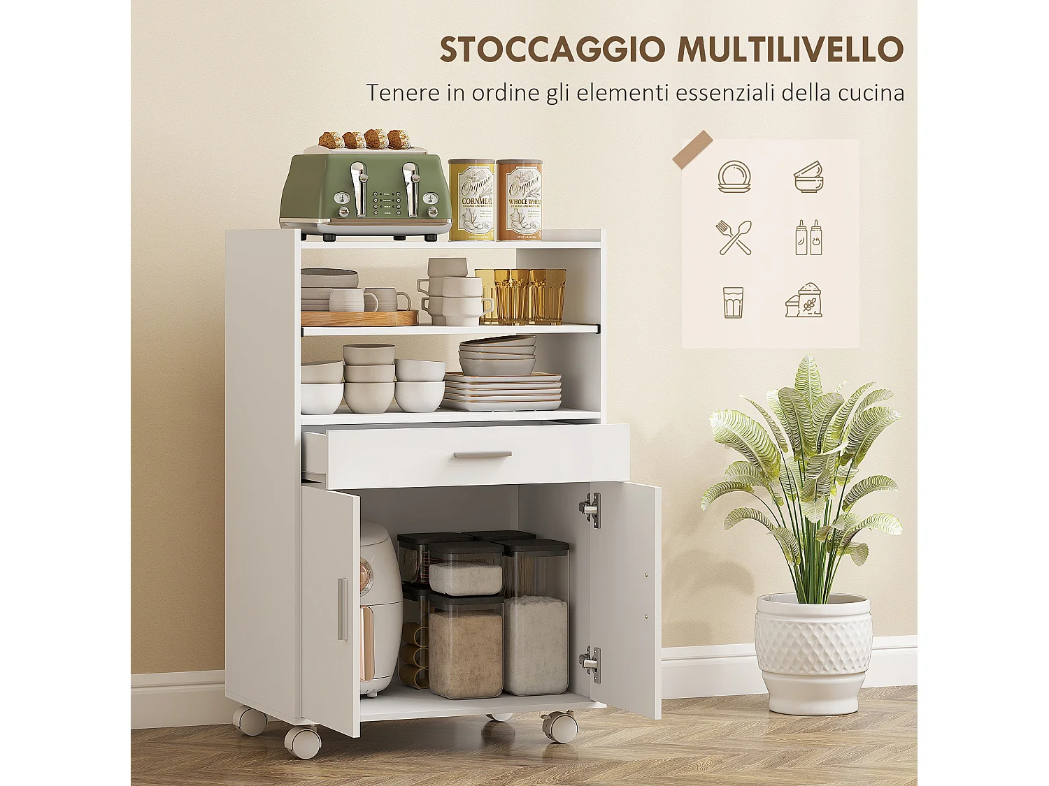 Mobile microonde con ruote credenza cucina con cassetto piano per elettrodomestici