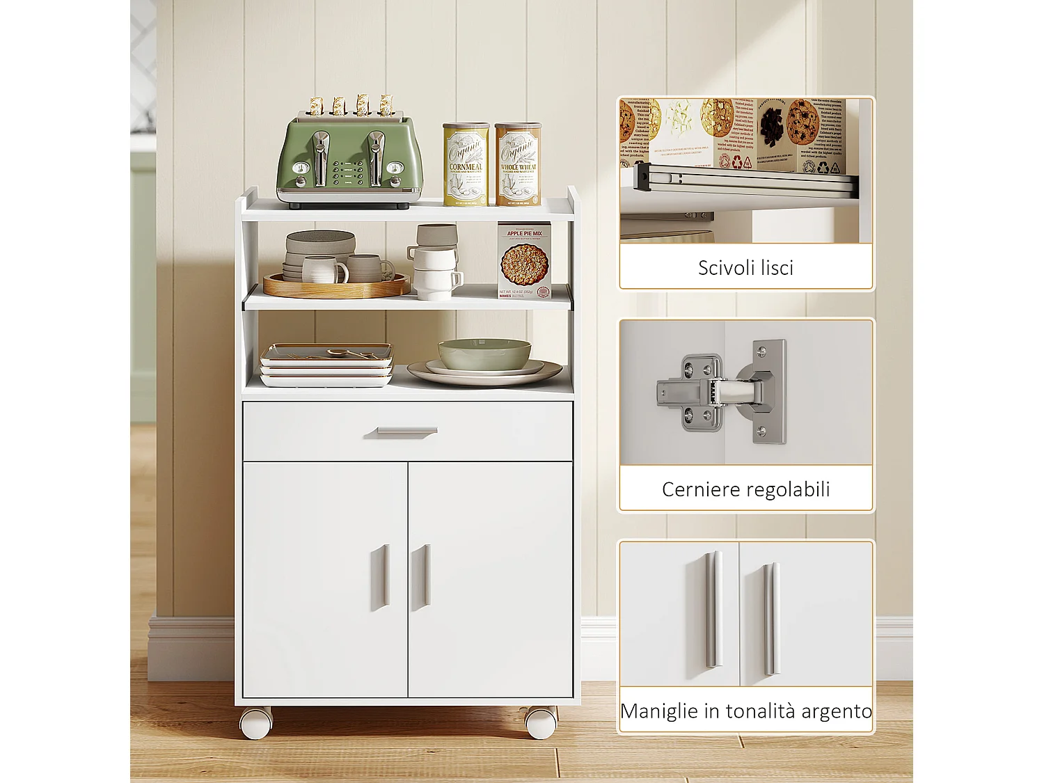 Mobile microonde con ruote credenza cucina con cassetto piano per elettrodomestici