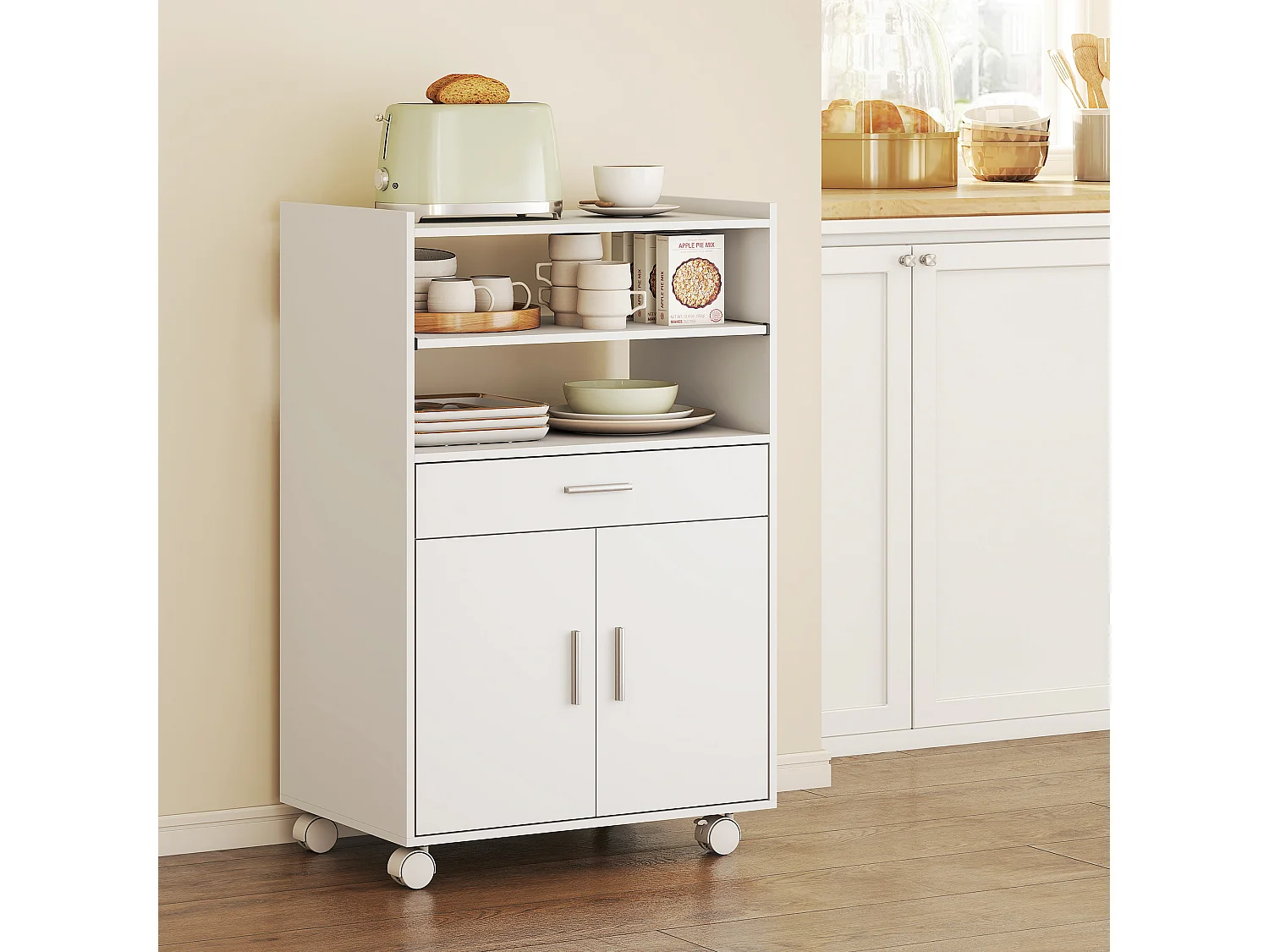 Mobile microonde con ruote credenza cucina con cassetto piano per elettrodomestici