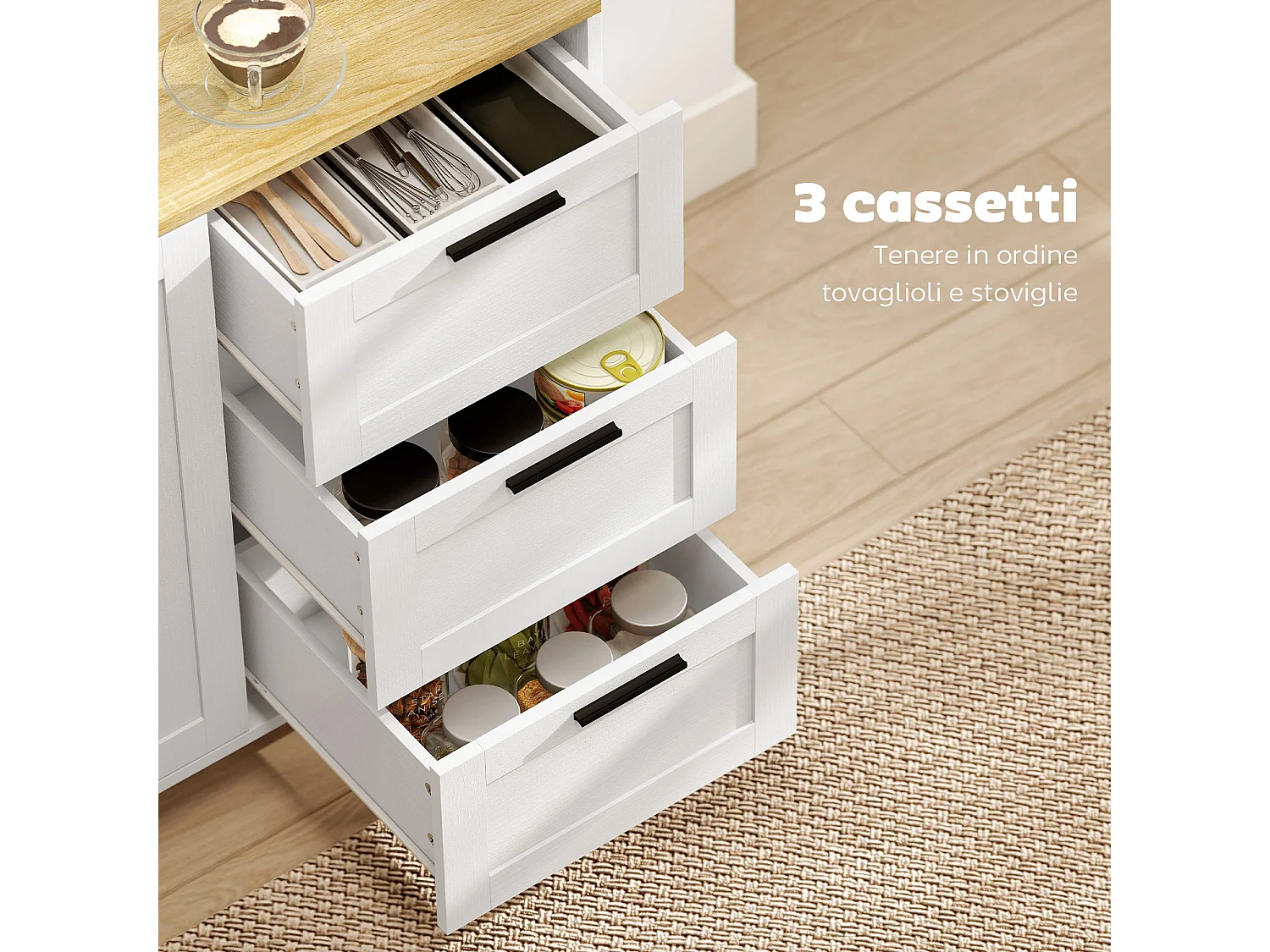 Credenza cucina mobile cucina con 3 cassetti armadietto con ante ammortizzate