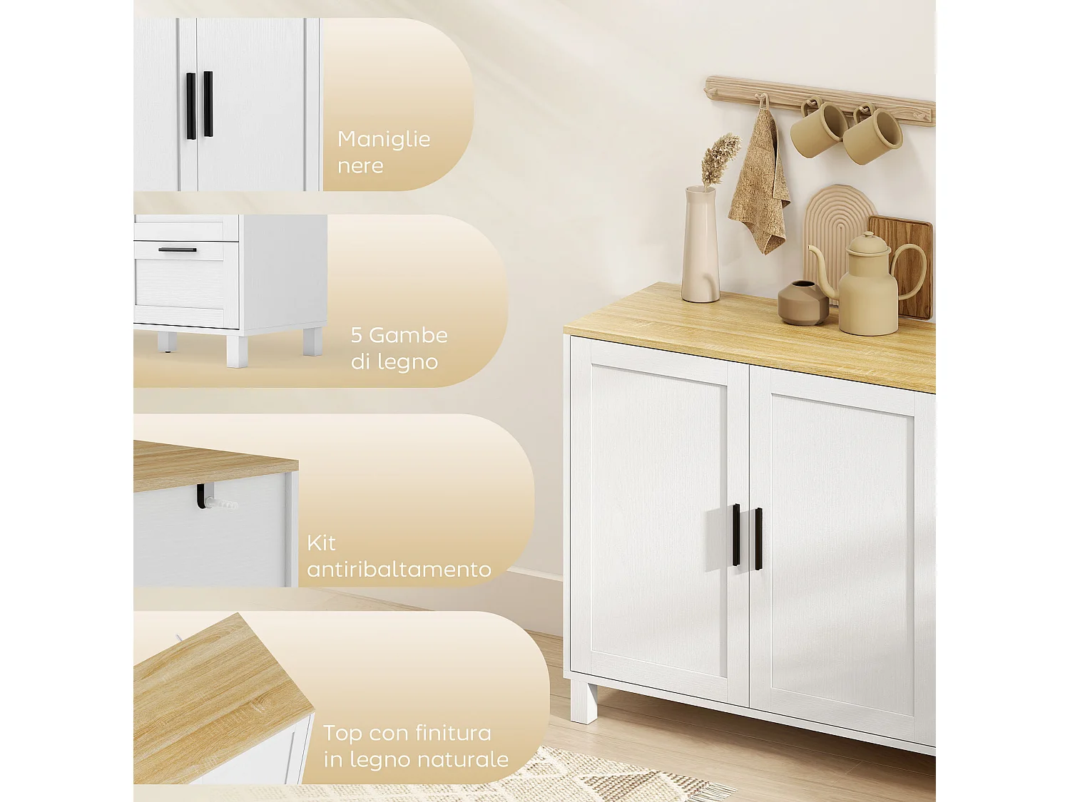 Credenza cucina mobile cucina con 3 cassetti armadietto con ante ammortizzate