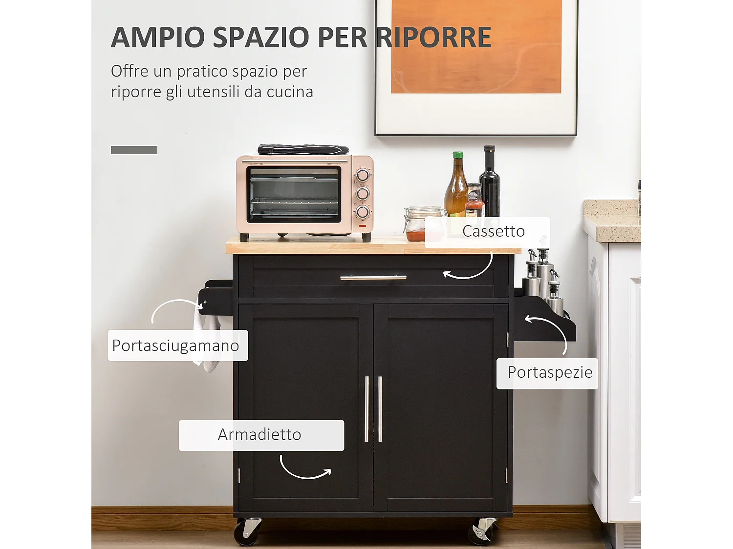 Carrellino da cucina con cassetto armadietto e portaspezie nero