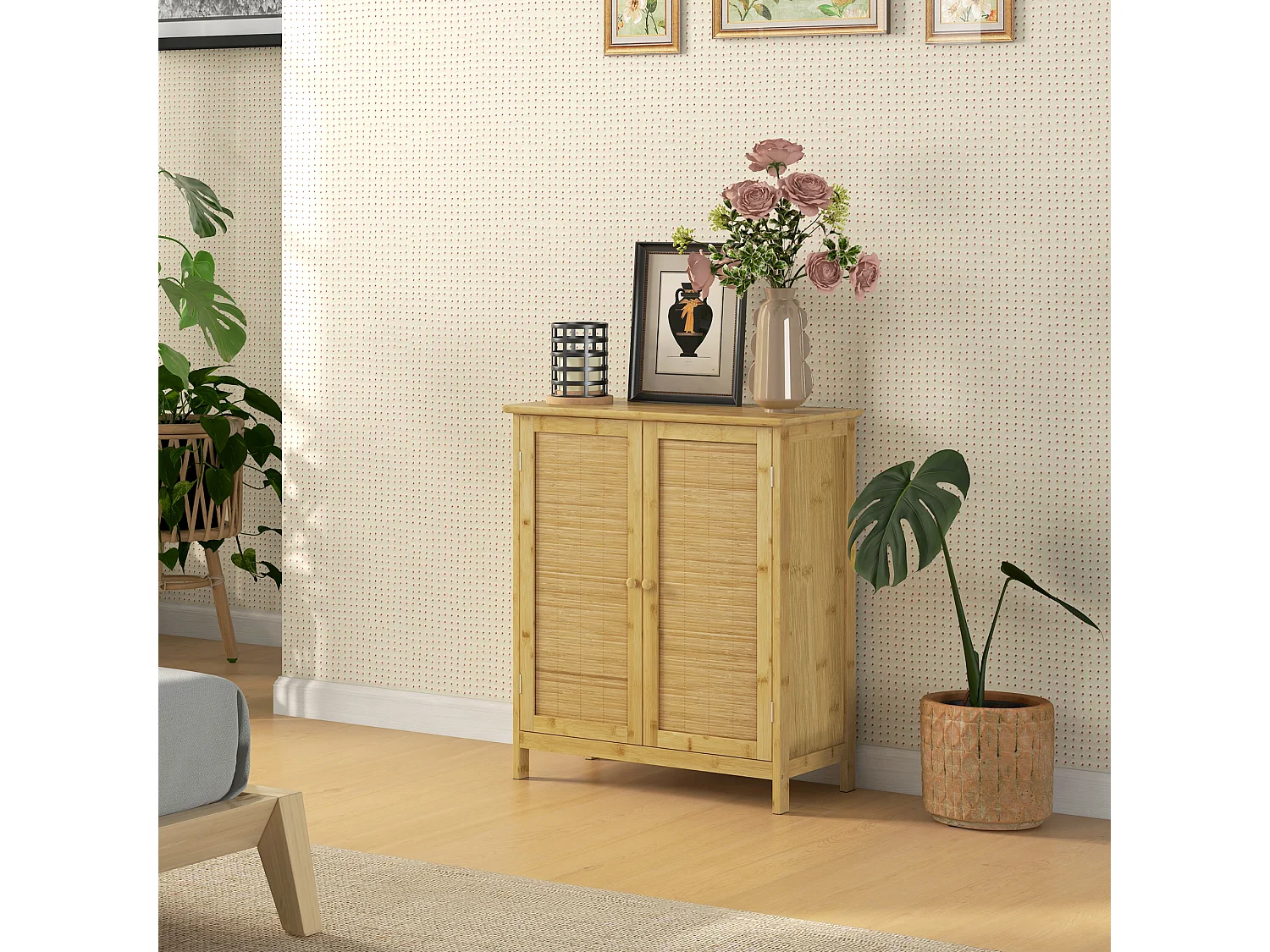 Credenza stile boho a 2 ante in rattan e bambù colore naturale