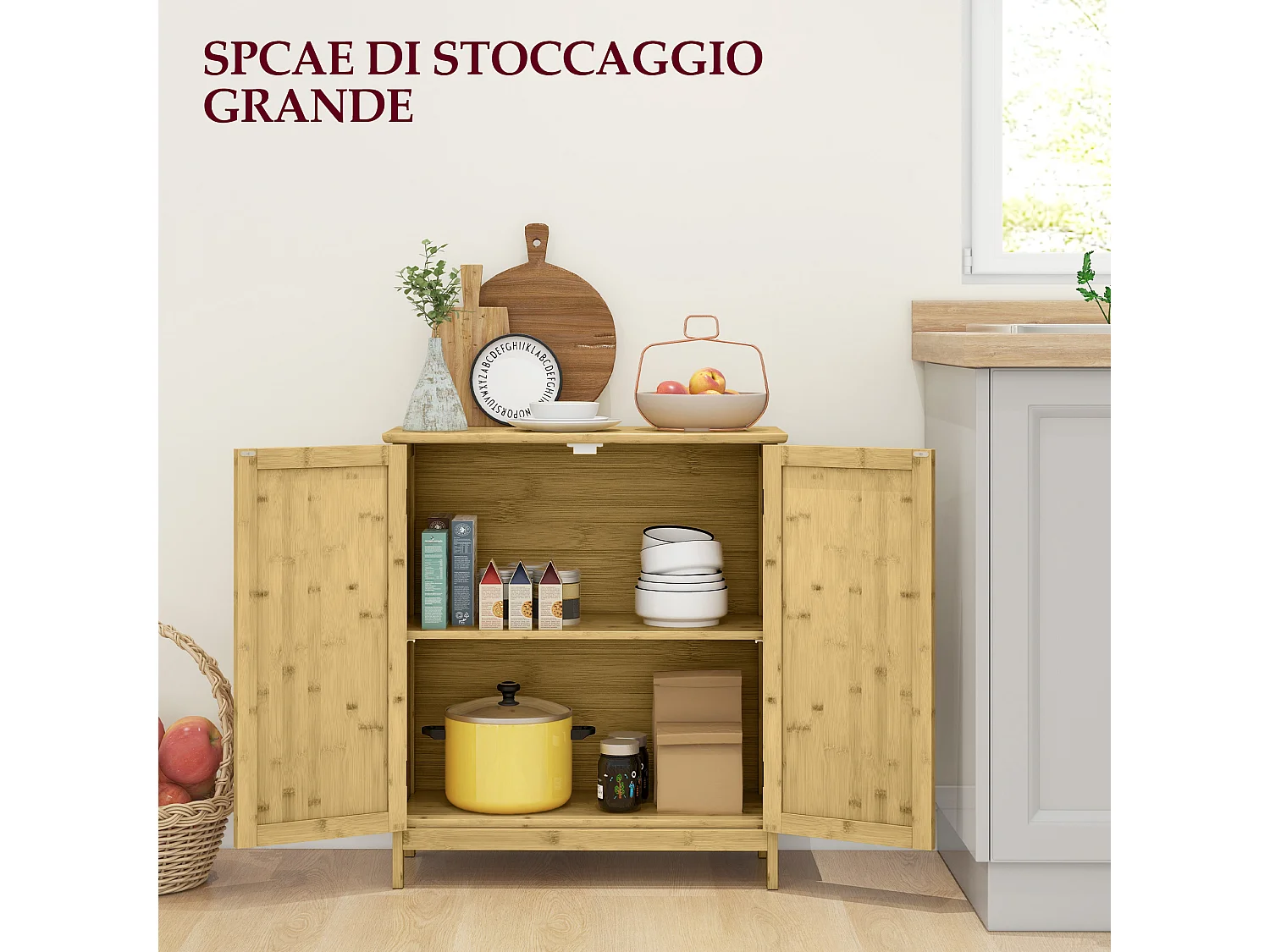 Credenza stile boho a 2 ante in rattan e bambù colore naturale