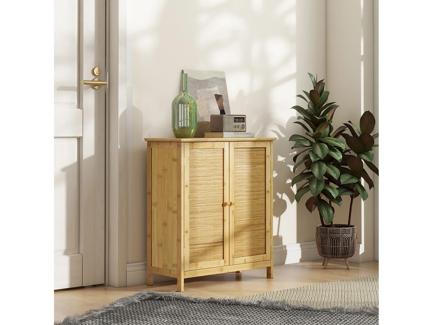 Credenza stile boho a 2 ante in rattan e bambù colore naturale