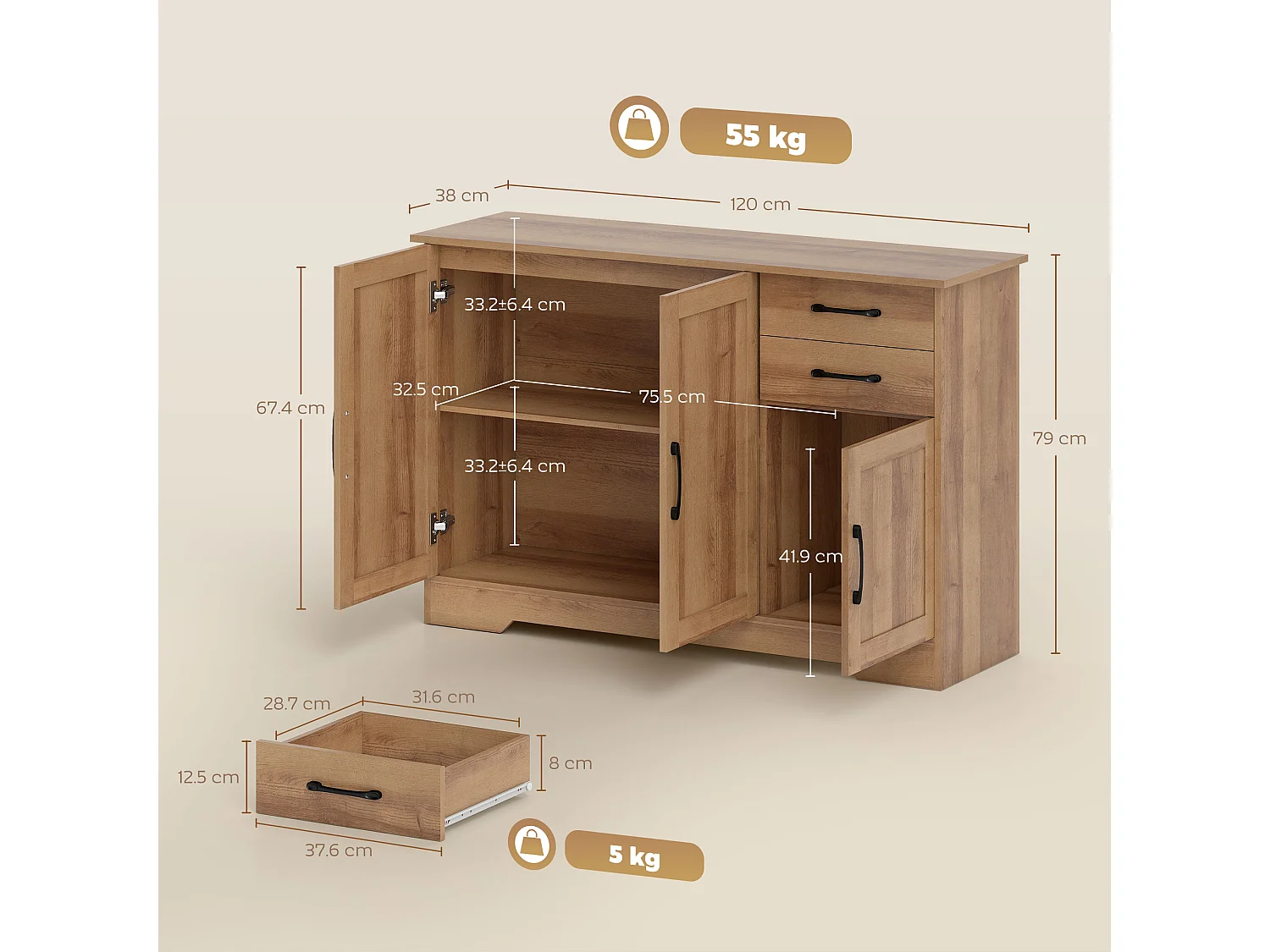 Credenza cucina, mobile cucina con 2 cassetti 2 armadietti