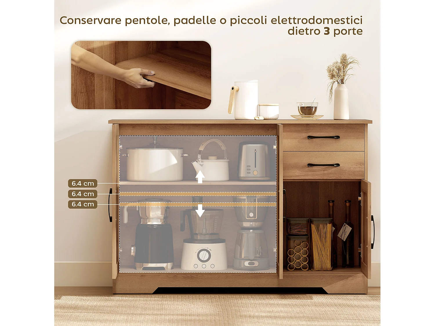 Credenza cucina, mobile cucina con 2 cassetti 2 armadietti