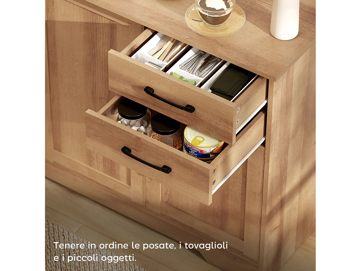 Credenza cucina, mobile cucina con 2 cassetti 2 armadietti