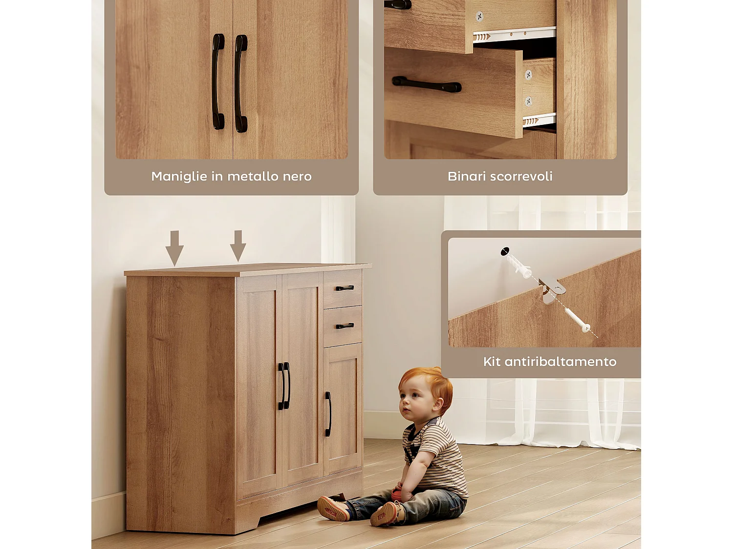 Credenza cucina, mobile cucina con 2 cassetti 2 armadietti