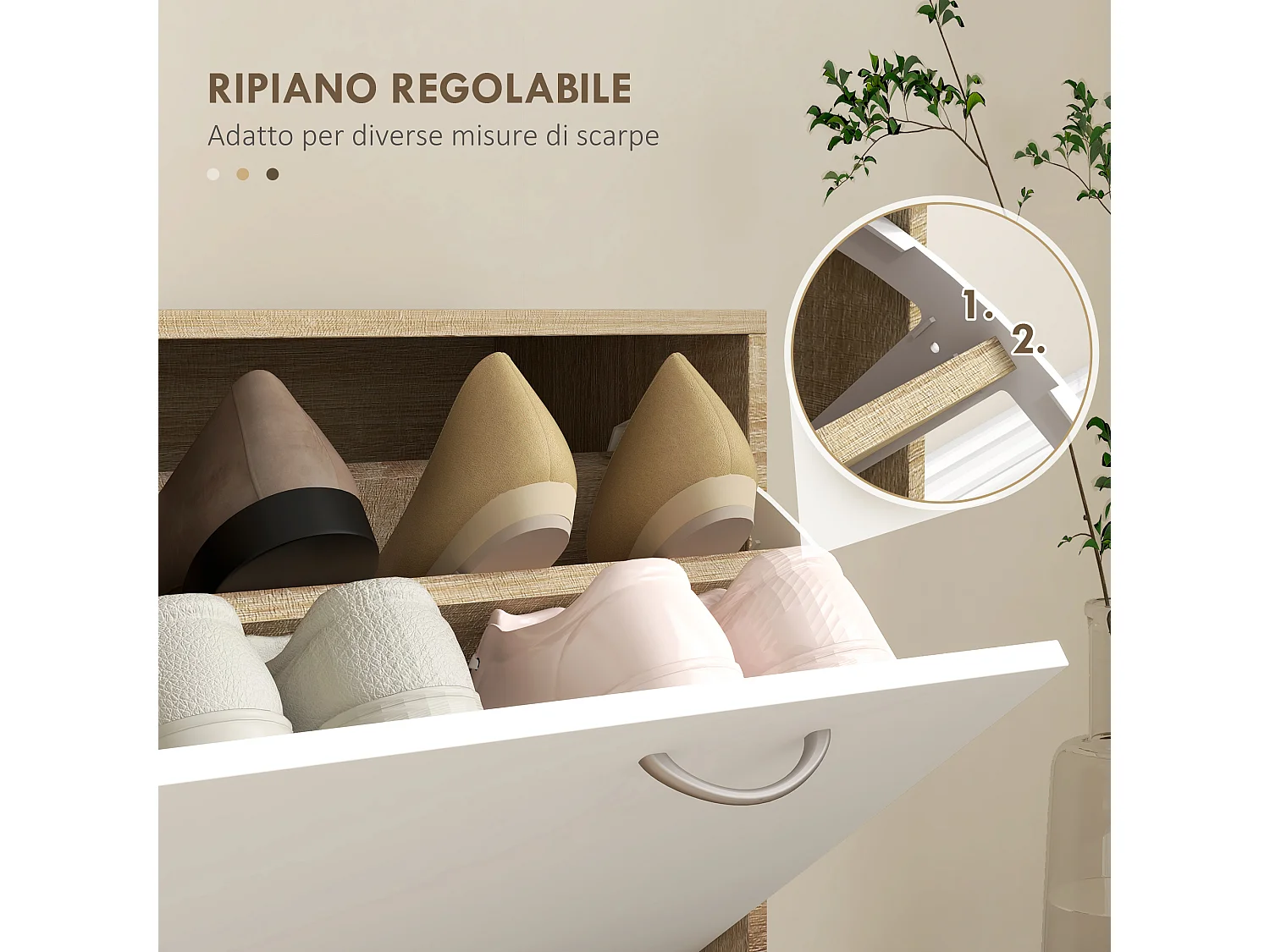 Mobile appendiabiti con scarpiera e specchio in legno bianco e quercia