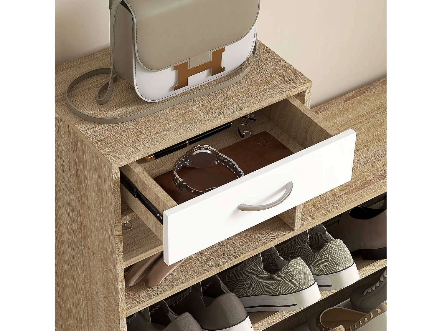 Mobile appendiabiti con scarpiera e specchio in legno bianco e quercia