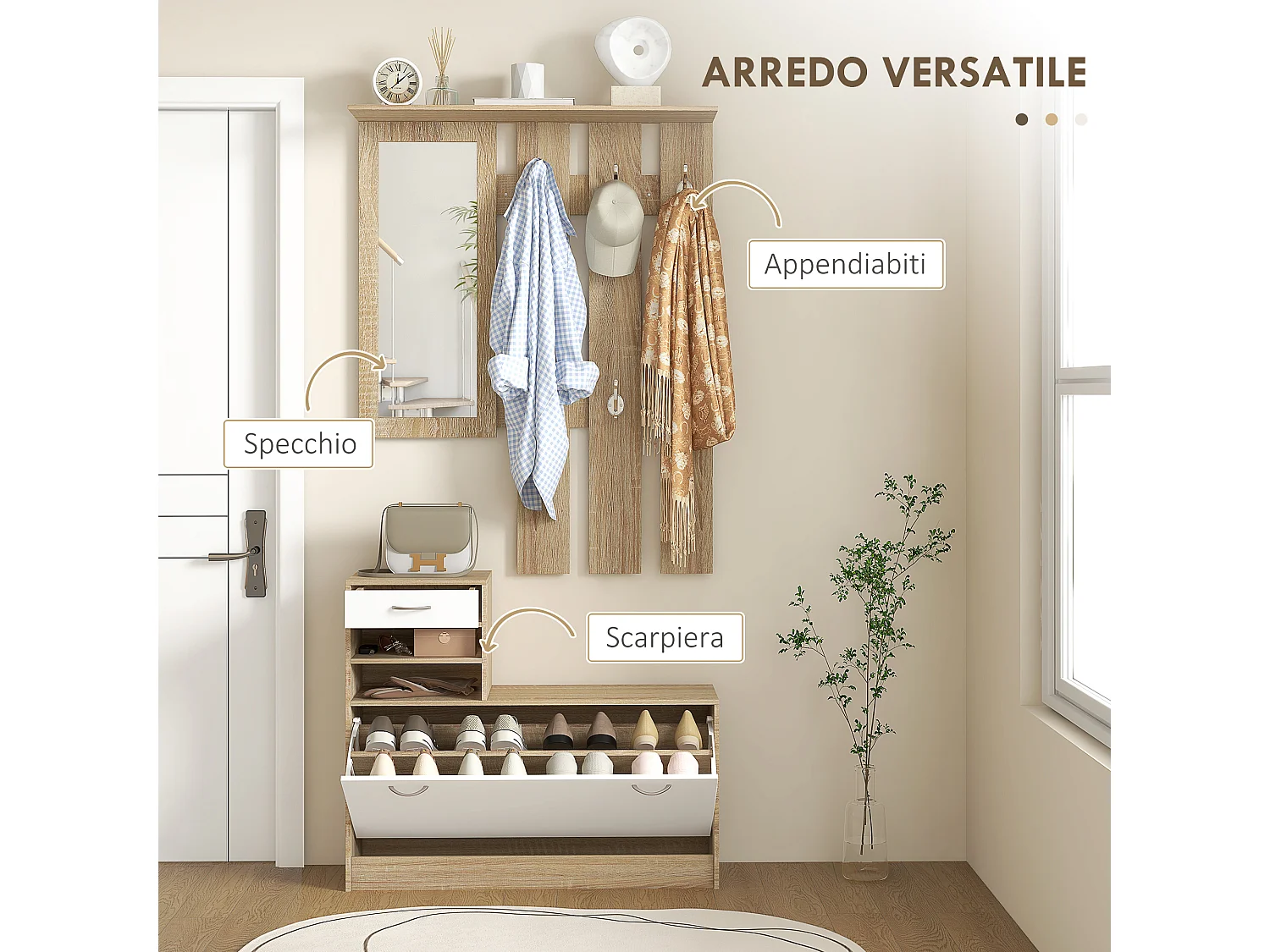 Mobile appendiabiti con scarpiera e specchio in legno bianco e quercia