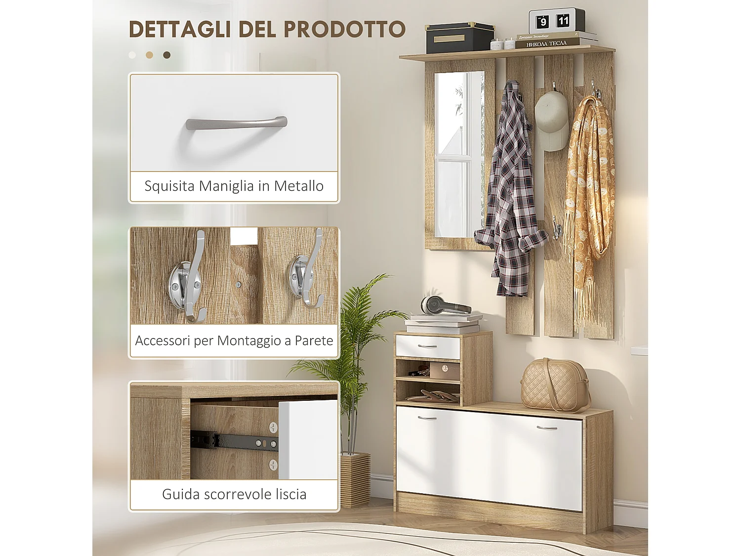 Mobile appendiabiti con scarpiera e specchio in legno bianco e quercia