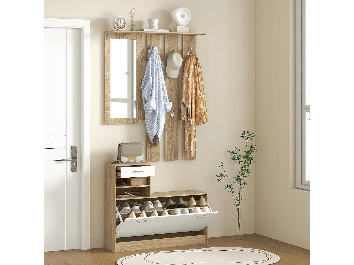 Mobile appendiabiti con scarpiera e specchio in legno bianco e quercia