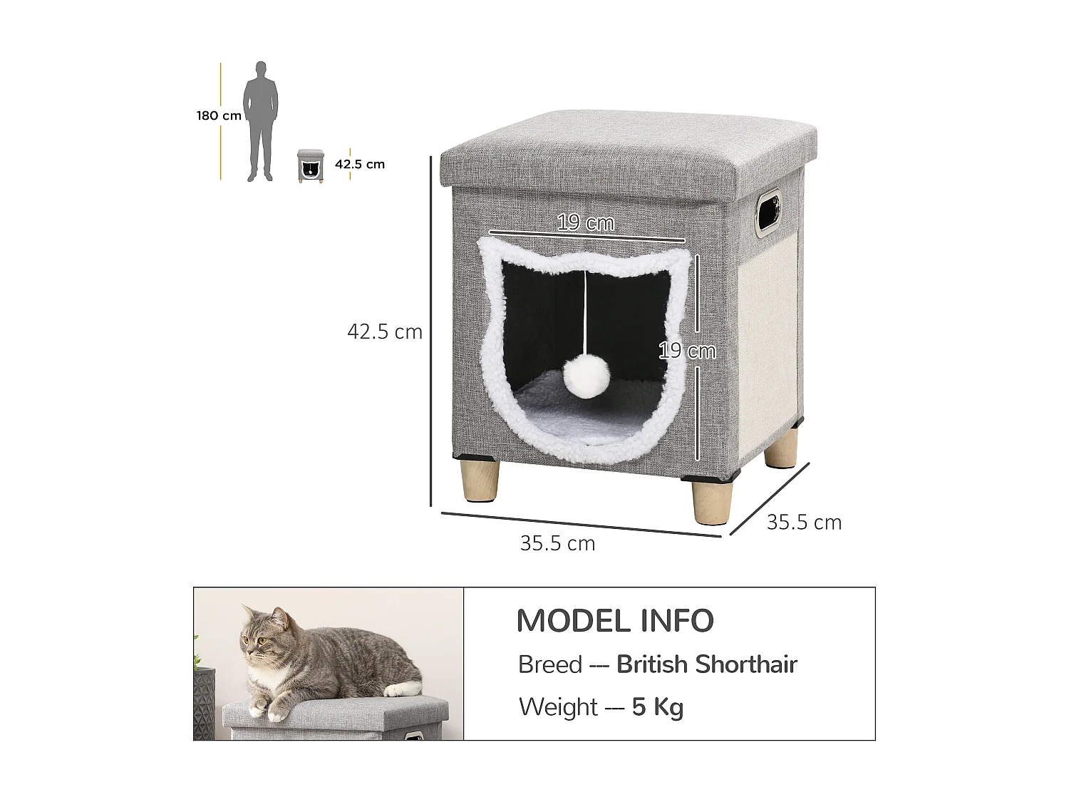 Casetta per gatti con tappetino tiragraffi e cuscino crema e grigio
