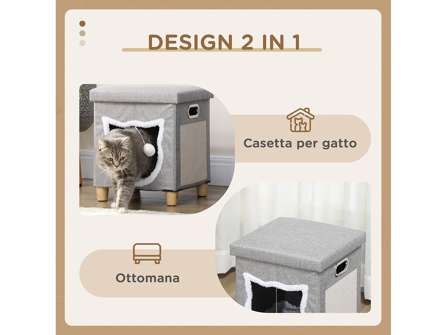 Casetta per gatti con tappetino tiragraffi e cuscino crema e grigio