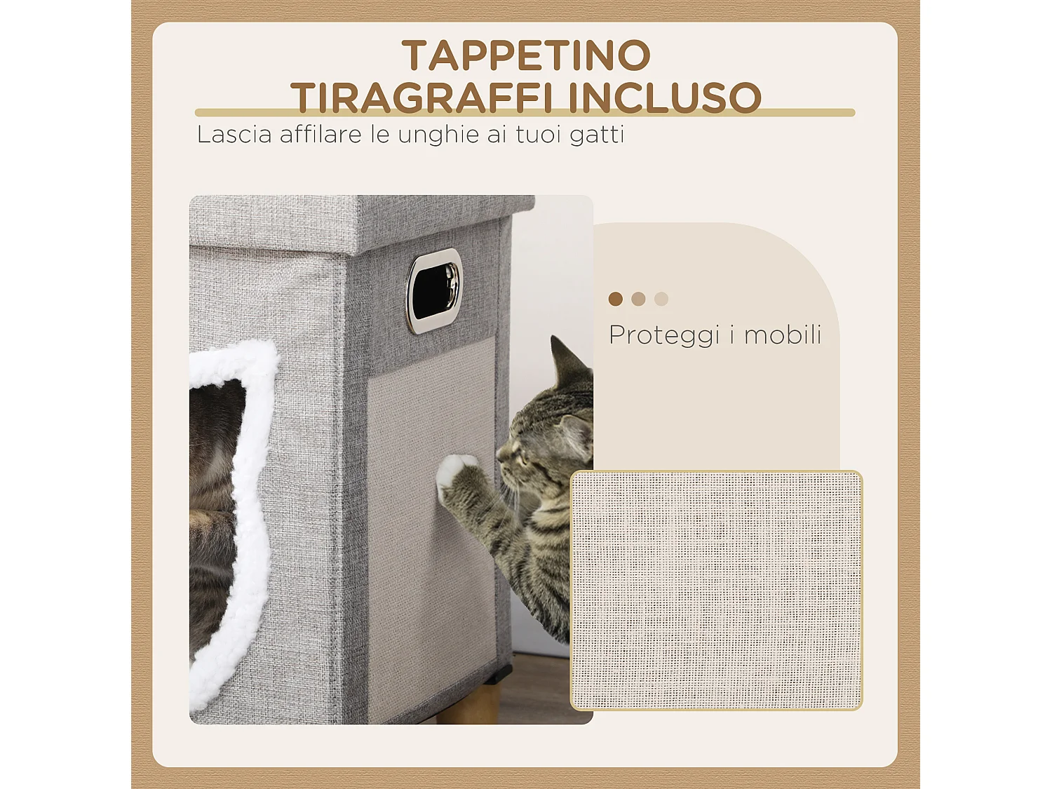 Casetta per gatti con tappetino tiragraffi e cuscino crema e grigio
