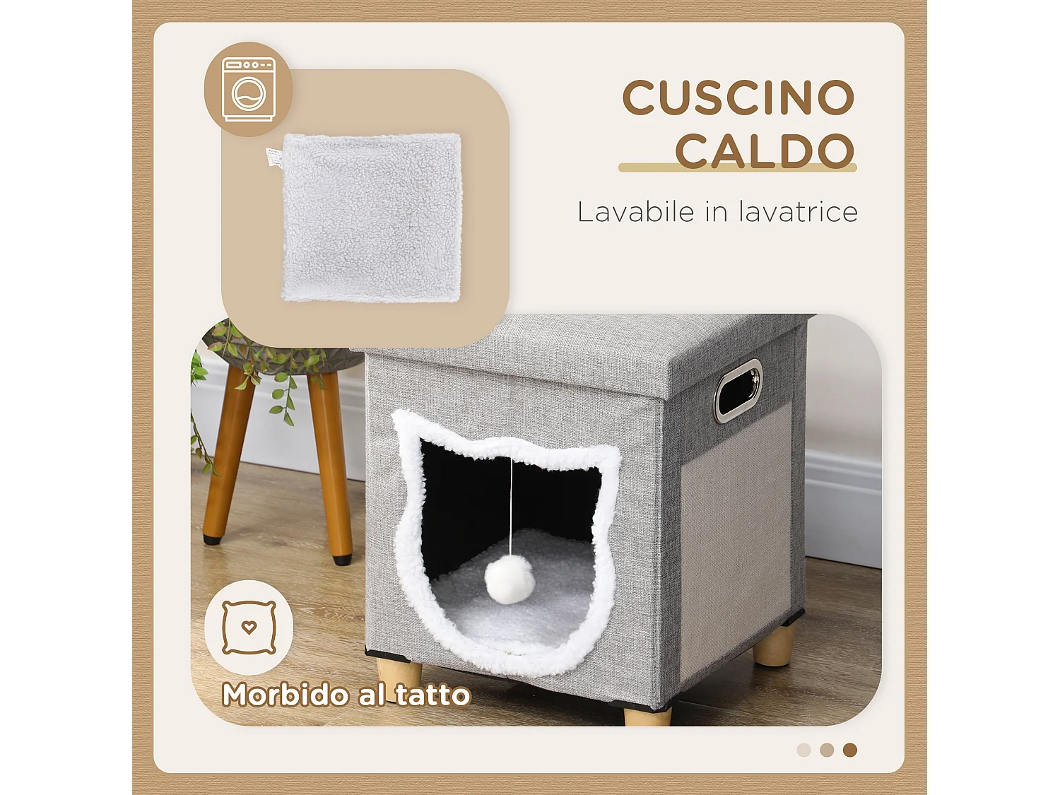 Casetta per gatti con tappetino tiragraffi e cuscino crema e grigio