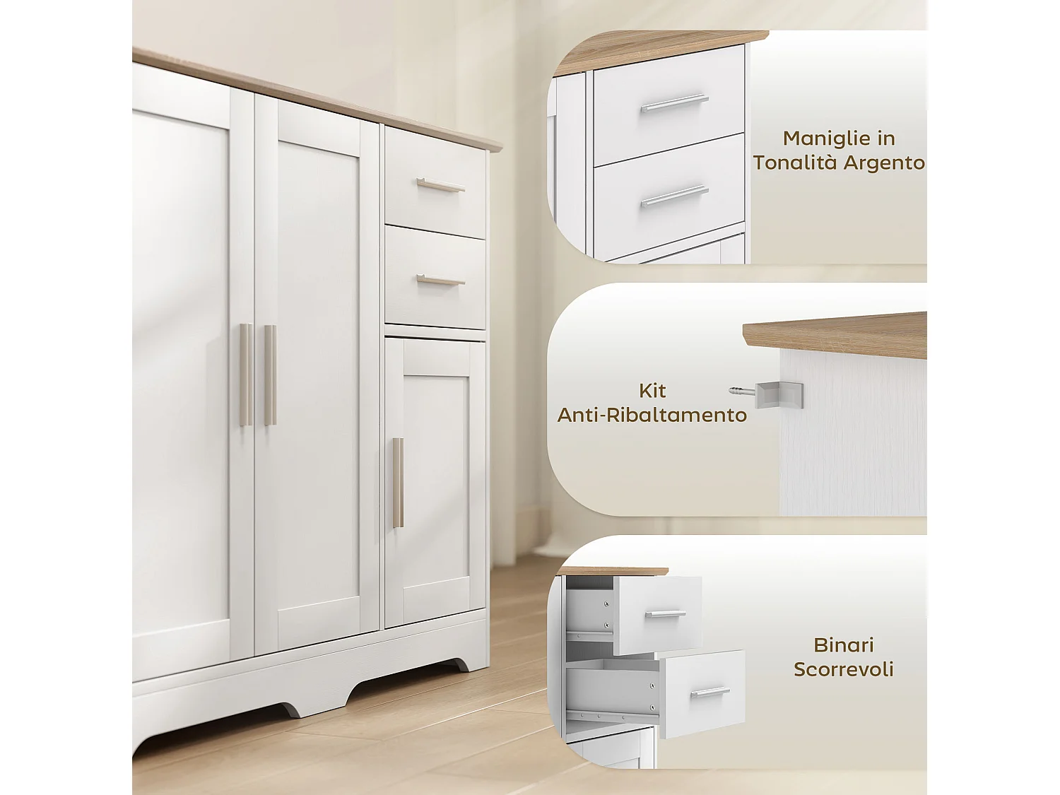 Credenza cucina, mobile cucina con 2 cassetti e 2 armadietti