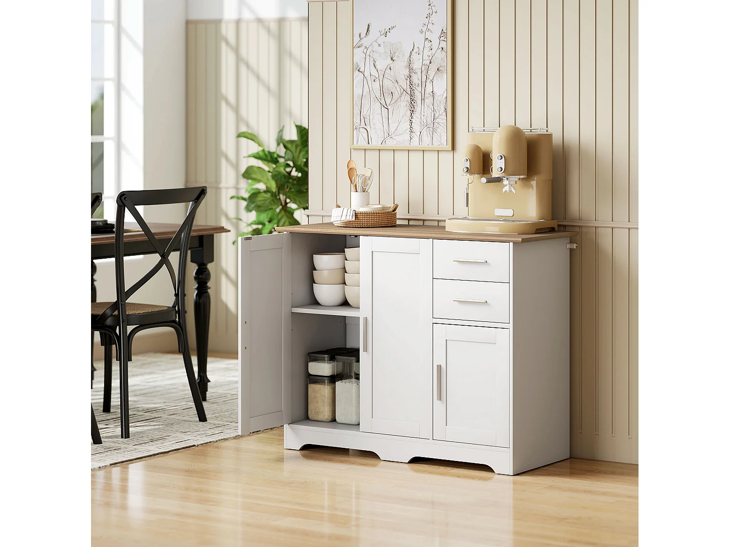 Credenza cucina, mobile cucina con 2 cassetti e 2 armadietti