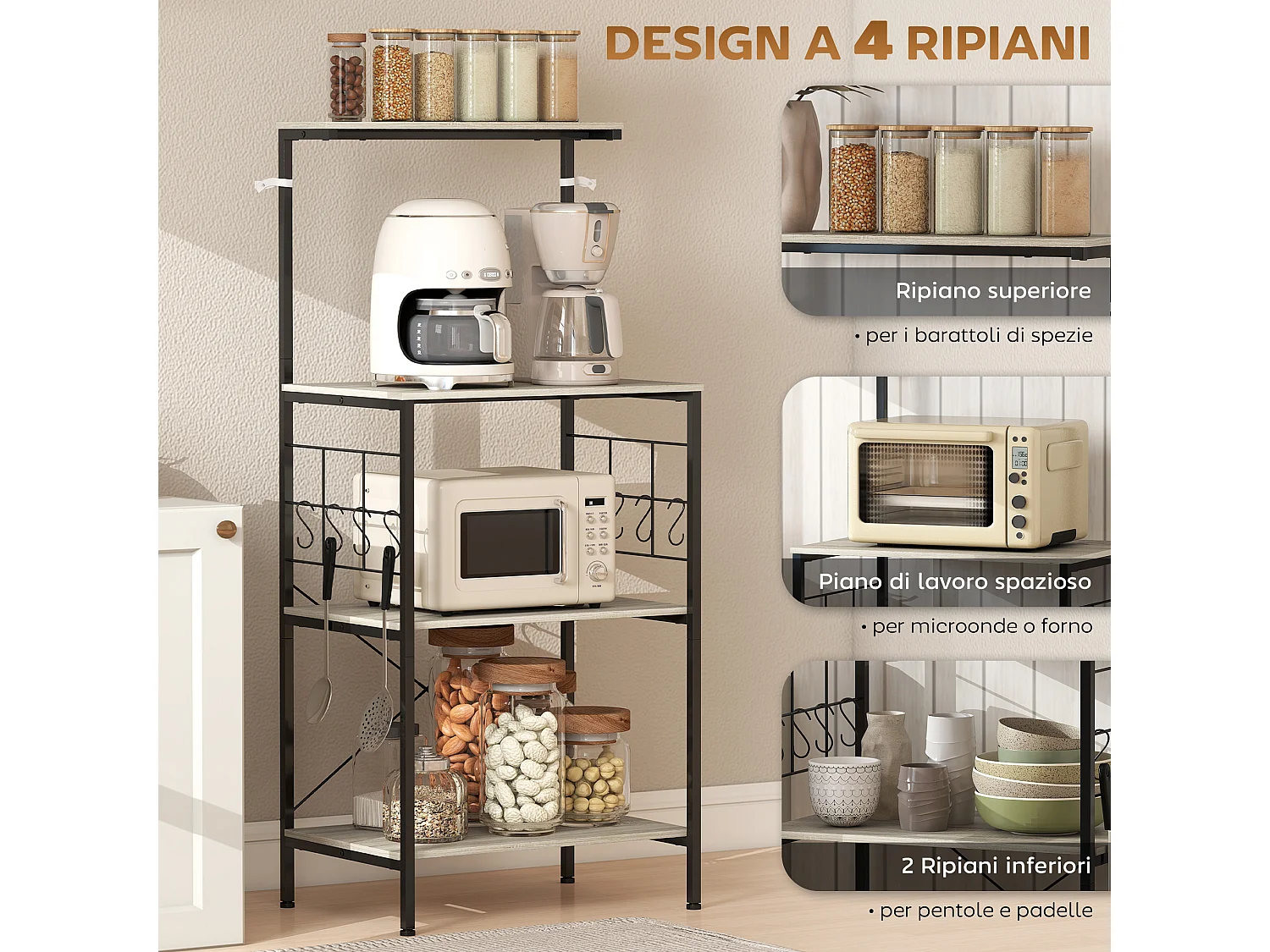 Scaffale da cucina a 4 livelli mobile per microonde