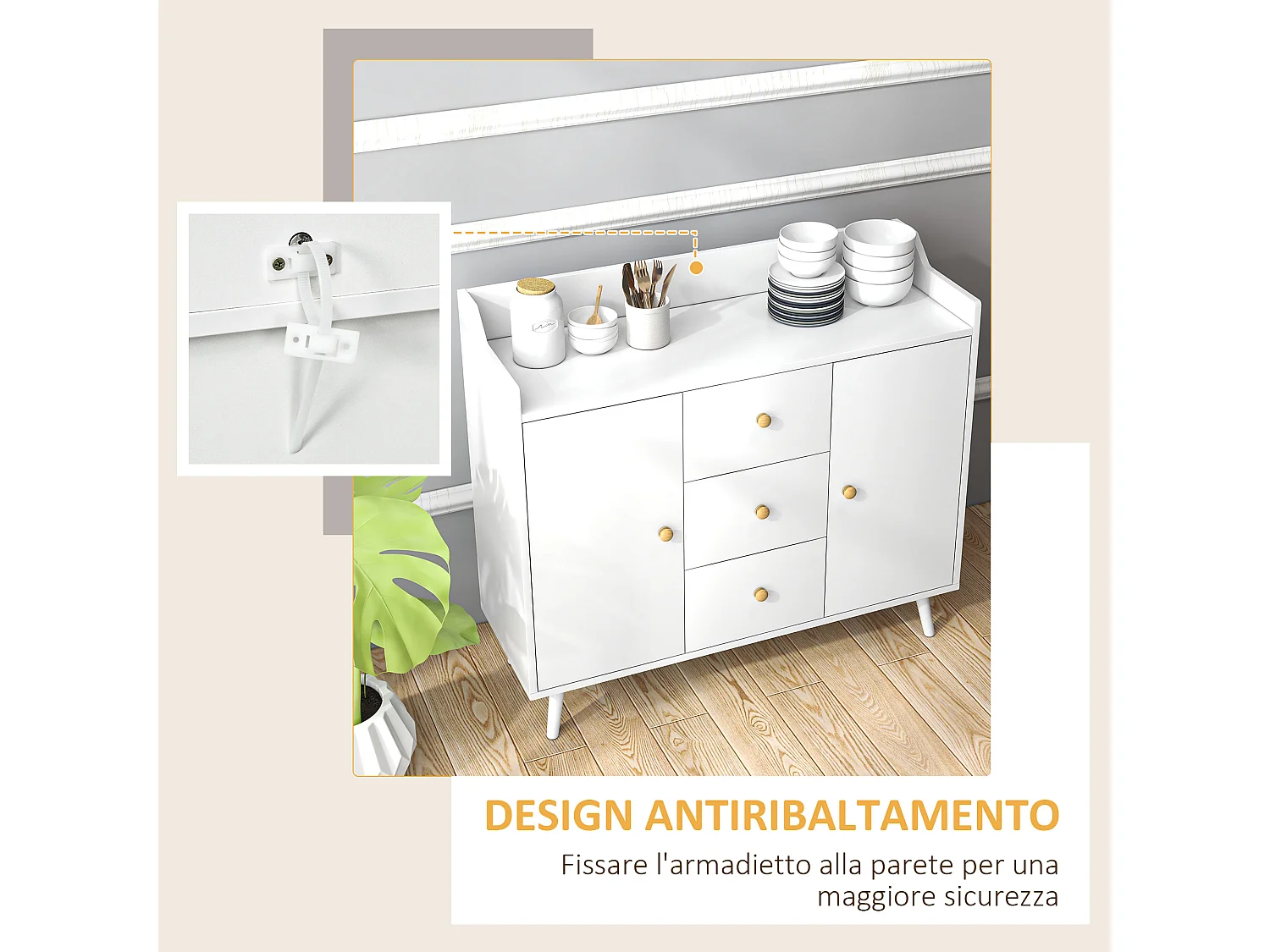 Credenza soggiorno in legno con 3 cassetti e 2 armadietti a 2 livelli