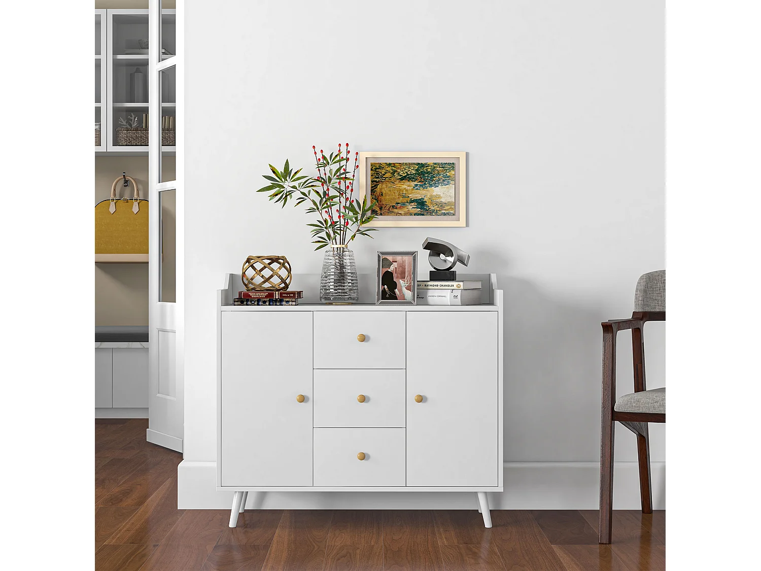 Credenza soggiorno in legno con 3 cassetti e 2 armadietti a 2 livelli