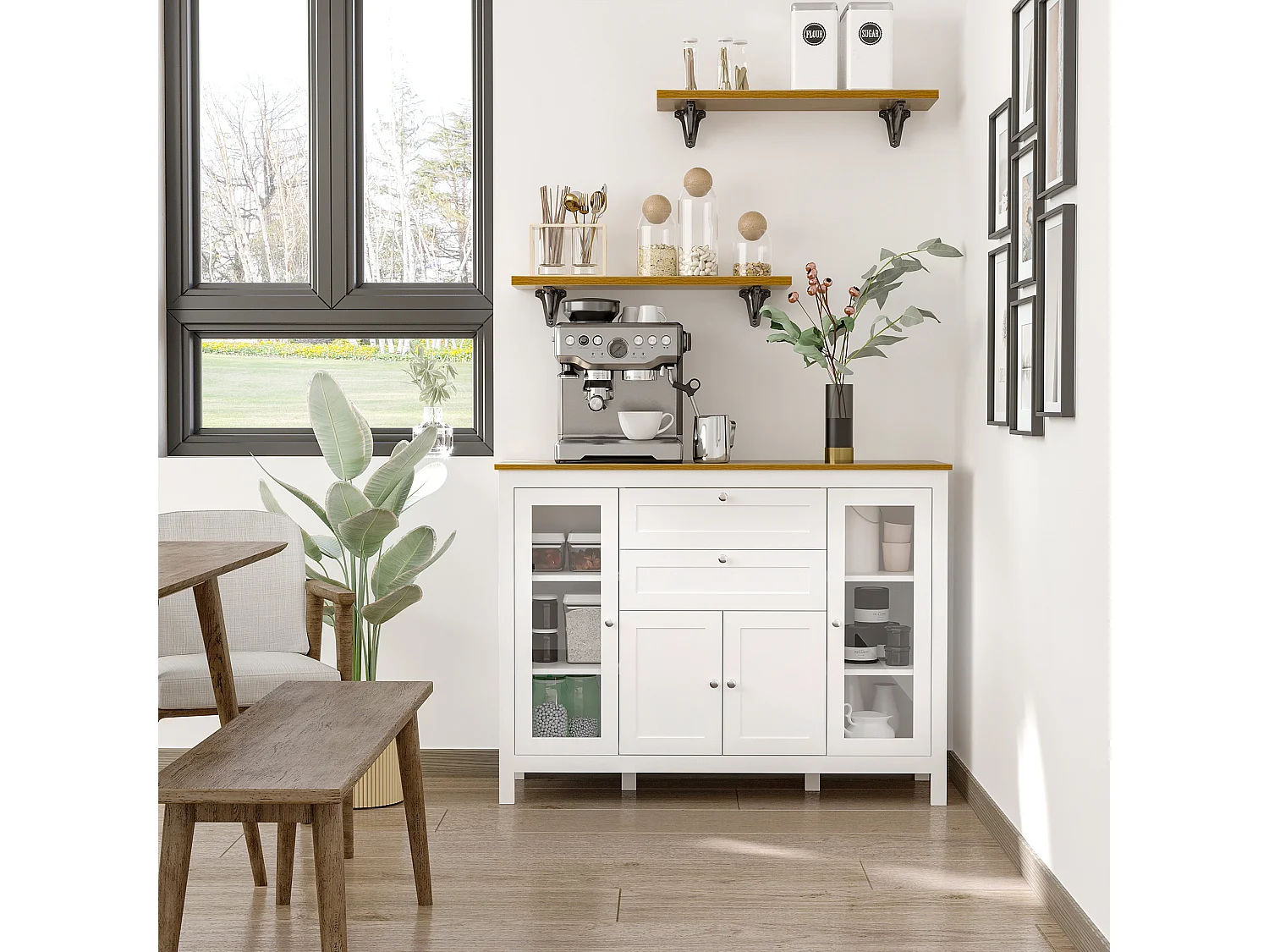 Credenza cucina, mobile cucina con 2 cassetti, 3 armadietti, piano d'appoggio in caucciù