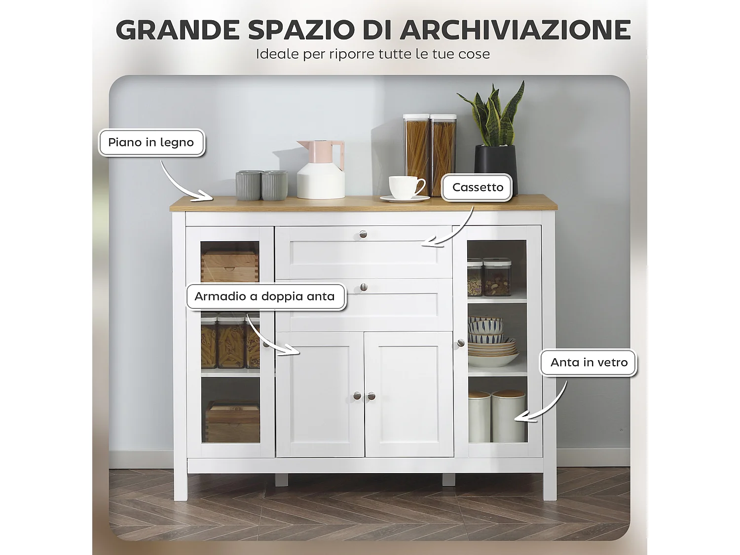 Credenza cucina, mobile cucina con 2 cassetti, 3 armadietti, piano d'appoggio in caucciù
